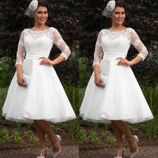Tea Length Wedding Dress Elgant White Ivory Half Sleeves British Bridal Gowns