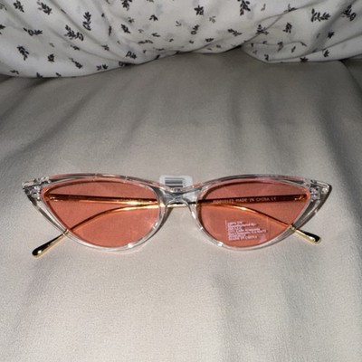 JSS LLC Cat Eye Sunglasses Clear Frame Pink Lenses Gold Arms 100% UV