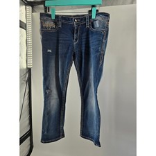 Rock Revival Womens Distressed Straight Leg Jeans Medium Wash Fleur De Lis Y2K