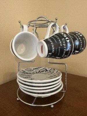 Bene Casa Espresso Cup & Saucer Set w/ Rack   6 Cups, 5 Saucers