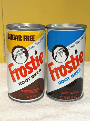Frostie Root Beer Soda cans, 2 EMPTY 12oz Steel Pop CANS, T.F.C. 1975