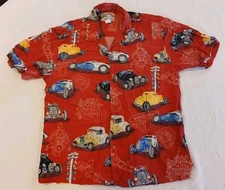 Paradise Found Shirt Men's Large Red Button Up Hawaii Vintage Hot Rod Race Cars