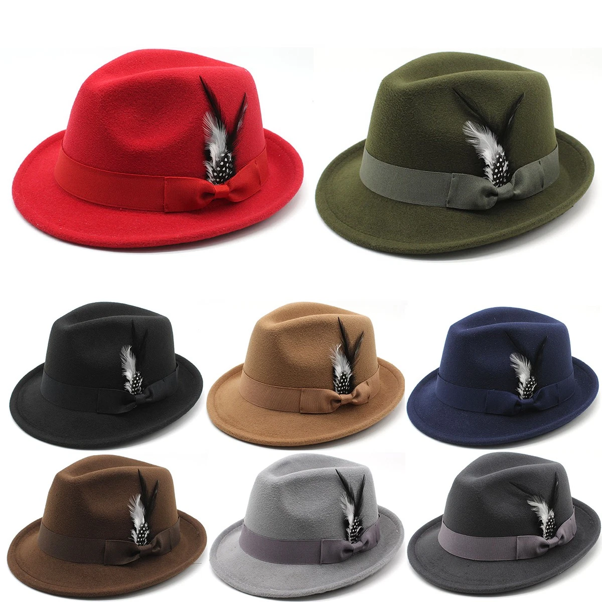 Fedora Hat for Men Women, Classic Short Brim Adjustable Panama Hat with Feather
