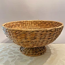 Wicker Woven Pedestal Fruit Bowl Plant Holder Storage Display Boho Large 14”