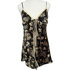 Vtg Victoria's Secret Floral Tie Front Babydoll Chemise Size M Lace Satin Black