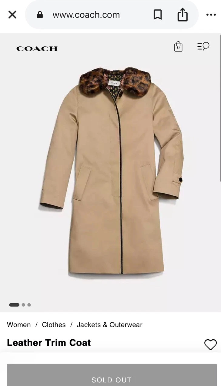 Coach Cappotto Donna Cachi Pelle Bordo Pelliccia Collo Foderato Floreale Trench Tg 0