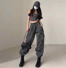 Women Wide Leg Baggy Pants Solid Drawstring Oversized Pockets Cargo Trousers