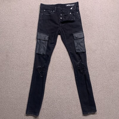 GFTD Jeans Men 30 Black Button Fly Skinny Pleather Pockets Distress Grunge Punk