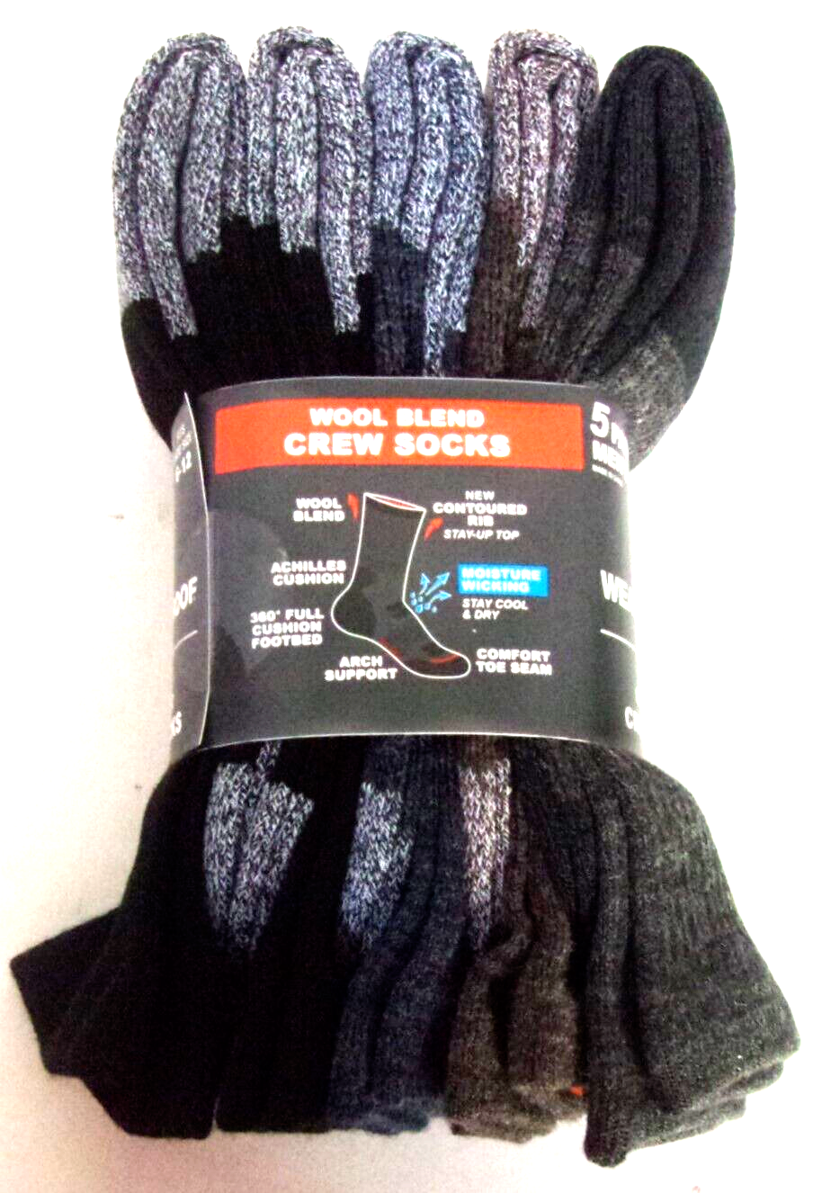 5 Pair Weatherproof Men’s Outdoor Wool Blend Crew Sock Multicolor Sz 6