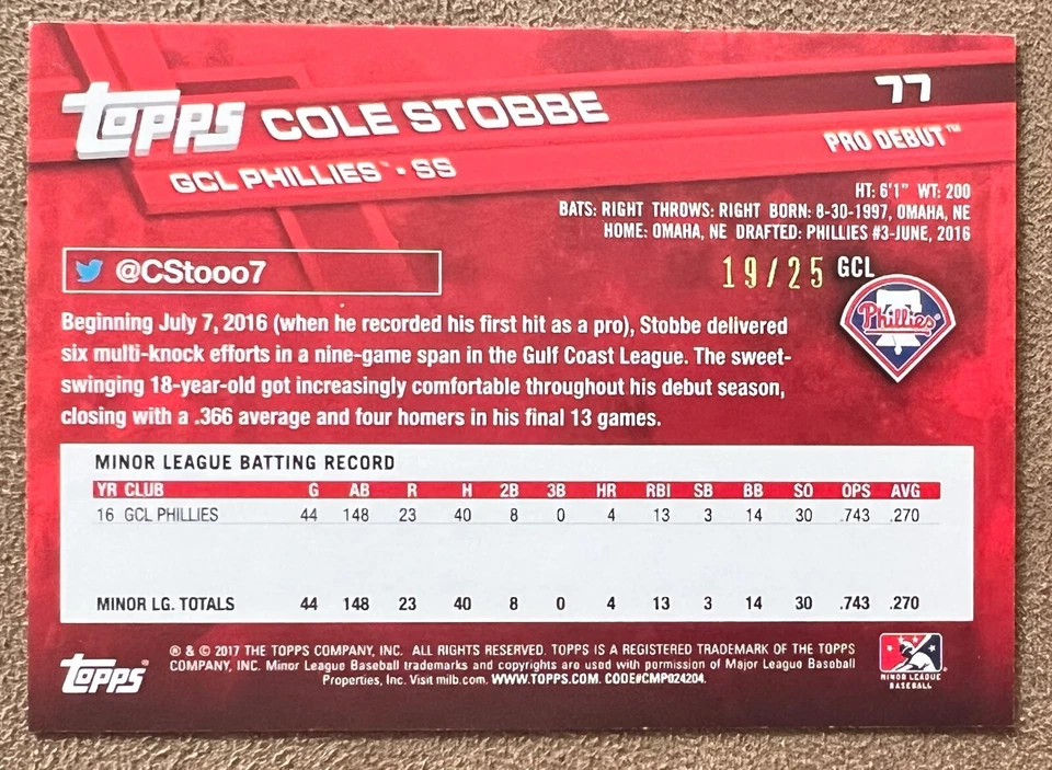 Cole Stobbe 2017 Topps Debut Orange Rookie #77 /25 Numbered Parallel Phillies RC - Image 2 of 3