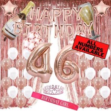 46th Birthday Rose Gold Decorations - 40" Number Balloons, Foil Curtains  More
