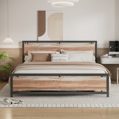 Full Queen Size Bed Frame Metal Platform with Wooden Headboard Footboard