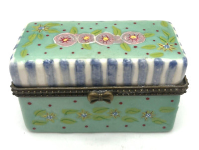 Treasure Chest Trunk Floral & Polka Dot Pattern Porcelain Hinged Trinket Box