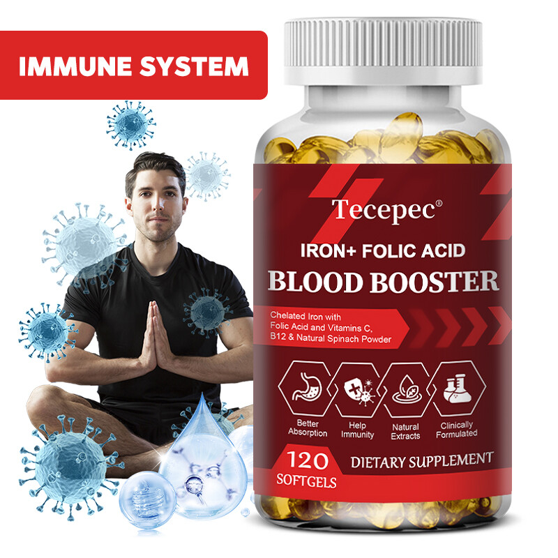 Ácido fólico de hierro con vitamina C, B12, zinc hombres mujeres - 30 a 120 cápsulas
