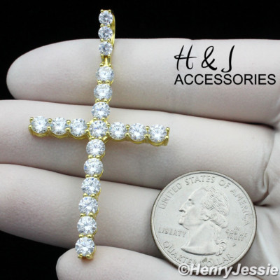 MEN WOMEN 925 STERLING SILVER ICY BLING CZ 3D GOLD PLATED CROSS PENDANT ...