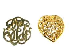 Vintage Scarf Clips 2 Gold tone Scroll Monogram & CELEBRITY Filigree Puffy Heart