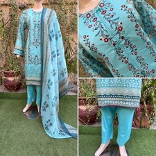 Pakistani Sky Blue Printed Straight Shirt 3-PCS Lawn Suit w/ Thread work ,XL 1