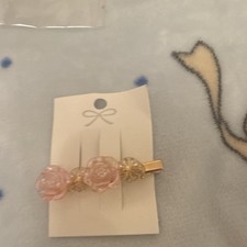 Pink Rose Flower Barrette Hair Clip, Gold Tone Metal Plastic, Women
