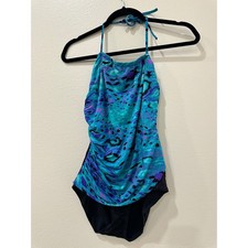 Vintage ILGWU Animal Print Ruched Halter One Piece Swimsuit Teal Purple 80s 90s