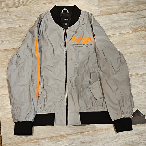 WT02 Men’s NASA Space Explorer Bomber Jacket Full Zip Gray/Orange/Black 2XL - product listing photo