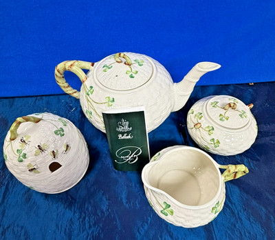 NEW Belleek Ireland Tea Set, Teapot, Honey jar, creamer, sugar bowl  DS43