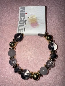 Authentic Nicole Purest Expandable Bracelet Black, White & Gold Plated Crystal
