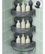 Corner Shower Caddy 3-Pack No Drill Suction Bathroom Organizer Plastic Grey- NEW