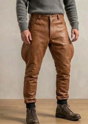 Men's Cowhide Brown Leather Jodhpurs Pants Handmade Riding Biker Breeches Custom