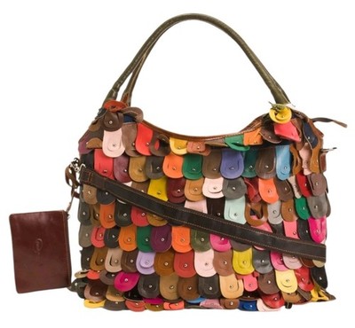 Large  AMERI Leather Bucket Tote Rainbow Peacock Patchwork Satchel  Shoulder Bag