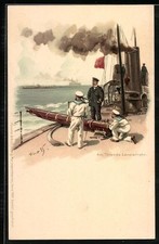 Künstler-AK Hans Bohrdt: Matrosen am Torpedo Lancierrohr 