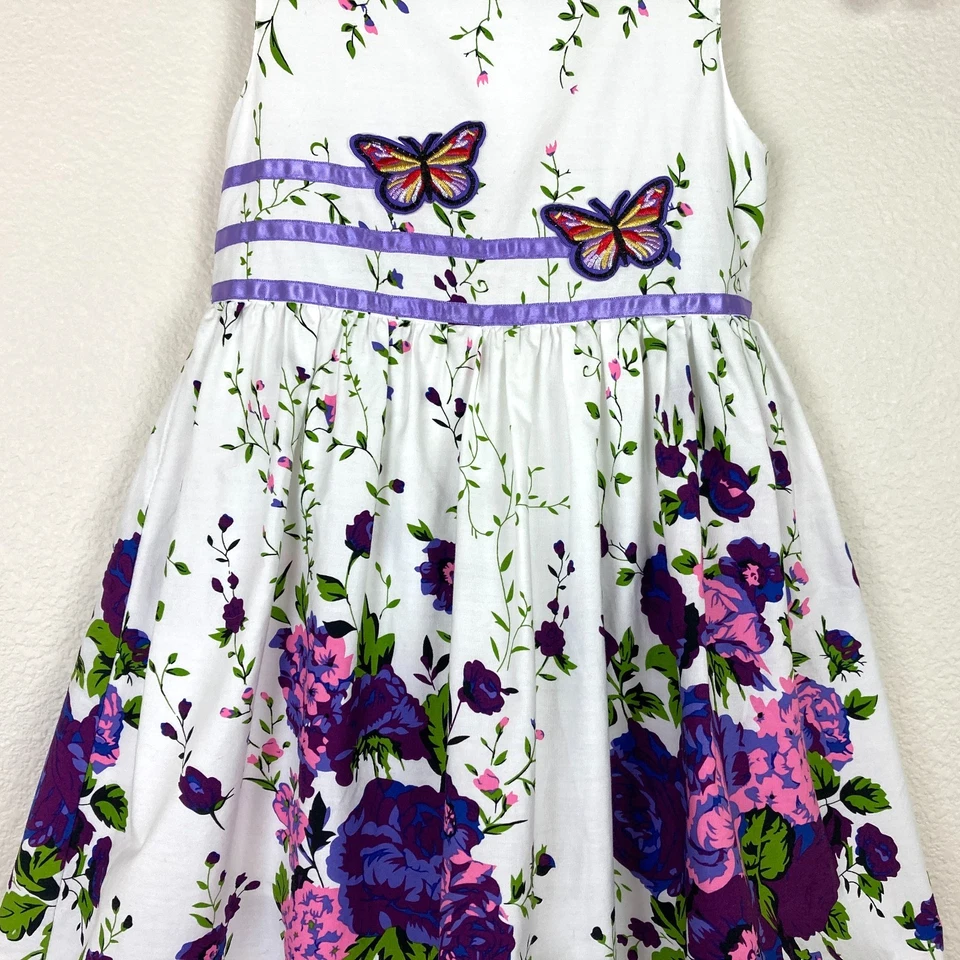 Vestido de verano soleado de moda para niñas con cinturón talla 4/5 púrpura flores y mariposas Foto 2 de 4