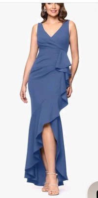 Betsy & Adam Blue Ruffle Gown Size 18W Formal Evening Dress V-Neck Sleeveless