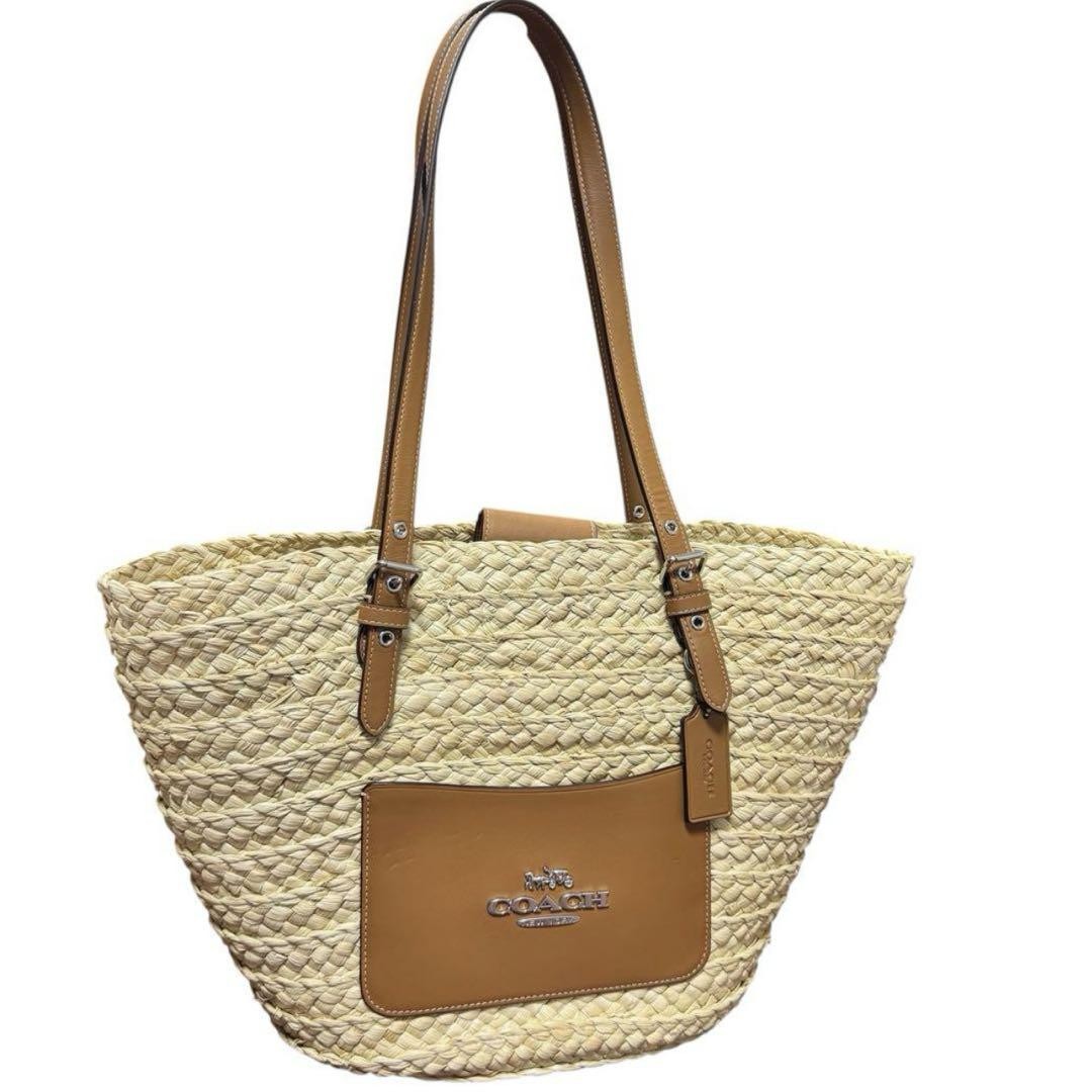 Coach Straw Tote Bag Leather Brown Natural Large CJ518 Used