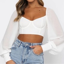 WHITE FOX White "Social Seduction" Long Sheer Sleeve Cropped Bustier Bra Top S