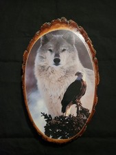 Wolf And American Bald Eagle Wooden Bark Edge...