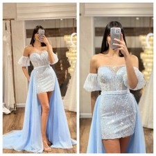 Detachable Train Prom Dresses Evening Glitter Short Off Shoulder Party Gowns