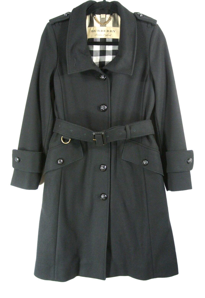NEW Burberry London Wool Blend Belted Stand Collar Coat in Black