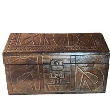 Hand-Carved chest Wooden Tribal Geometric Figurative Patterns ethnic cultural