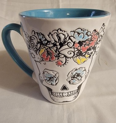 Coffee Latte Cup/Mug Sugar Skull Ceramic Day Of The Dead Blue