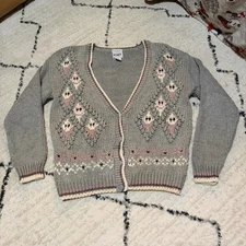 Vintage Grey Cottagecore Koret Granny Sweater Cardigan Hand Knitted Large 80s