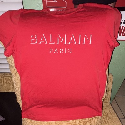 Balmain Paris Men's Red Logo Graphic Print Crew Neck T-Shirt L 16011364