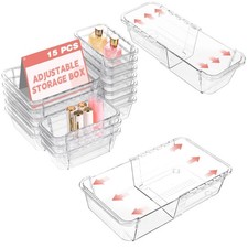 15 Pcs Extendable Clear Drawer Organizer All Adjustable Vanity Storage Box