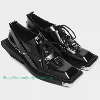 Fashion Rivet Lace Up Men's Dress Formal Leather Derby Shoes Square Toe Mid Heel