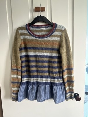 Hem & Thread Crochet Sweater Womens Size L Stripe Trim Wool Blend Preppy Layer