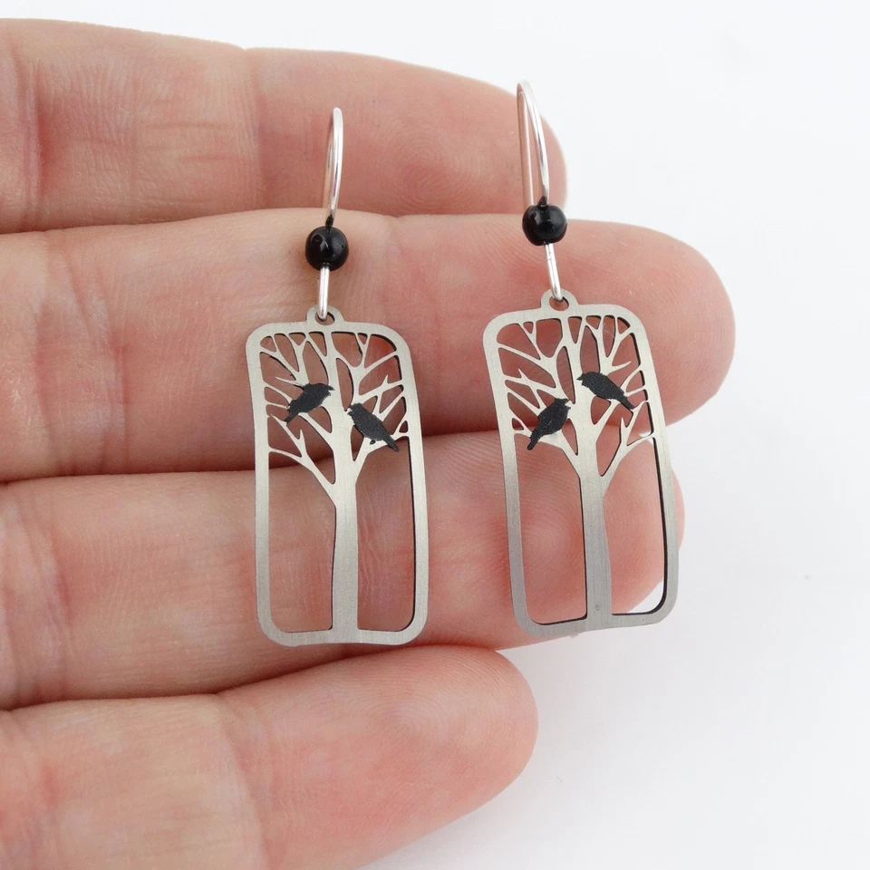 Raven Earrings - 925 Sterling Silver Ear Wires - Crow Black Bird Tree Halloween - Image 2 of 3