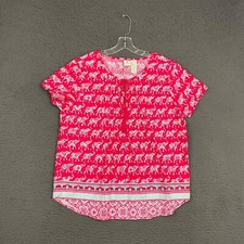 Caribbean Joe Top Womens Large Pink Elephant Tassel Tie Casual Mom Beach