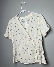 Elodie White Floral Surplice V-Neck White Top Size Small