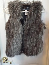 Guess Faux Fur Vest Large 14 Boho Zip Up Hippie Retro