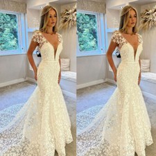 Sexy Boho Mermaid Wedding Dresses with Sweep Train Deep V Neck Bridal Gowns