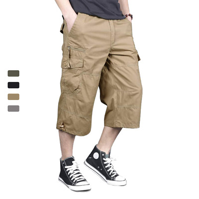 Men's Long Elastic Cargo Shorts Below Knee 3/4 Cotton Casual Outdoor Hiking Pant